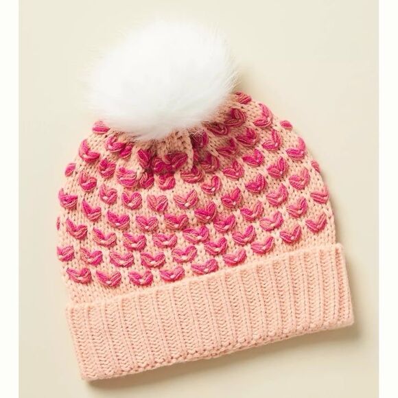 Maeve Anthropologie Hearts Pommed Pom Pom Winter Beanie Hat Pink White - Picture 3 of 10